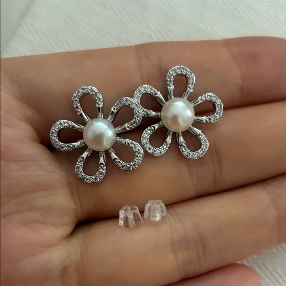 Silver Flower Pearl Earrings | Sterling Silver Posts | Holiday Gift for Her - Picture 3 of 7